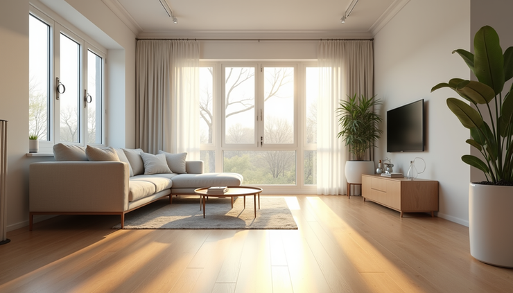 Eye-level view of modern hardwood flooring in a living room with natural light