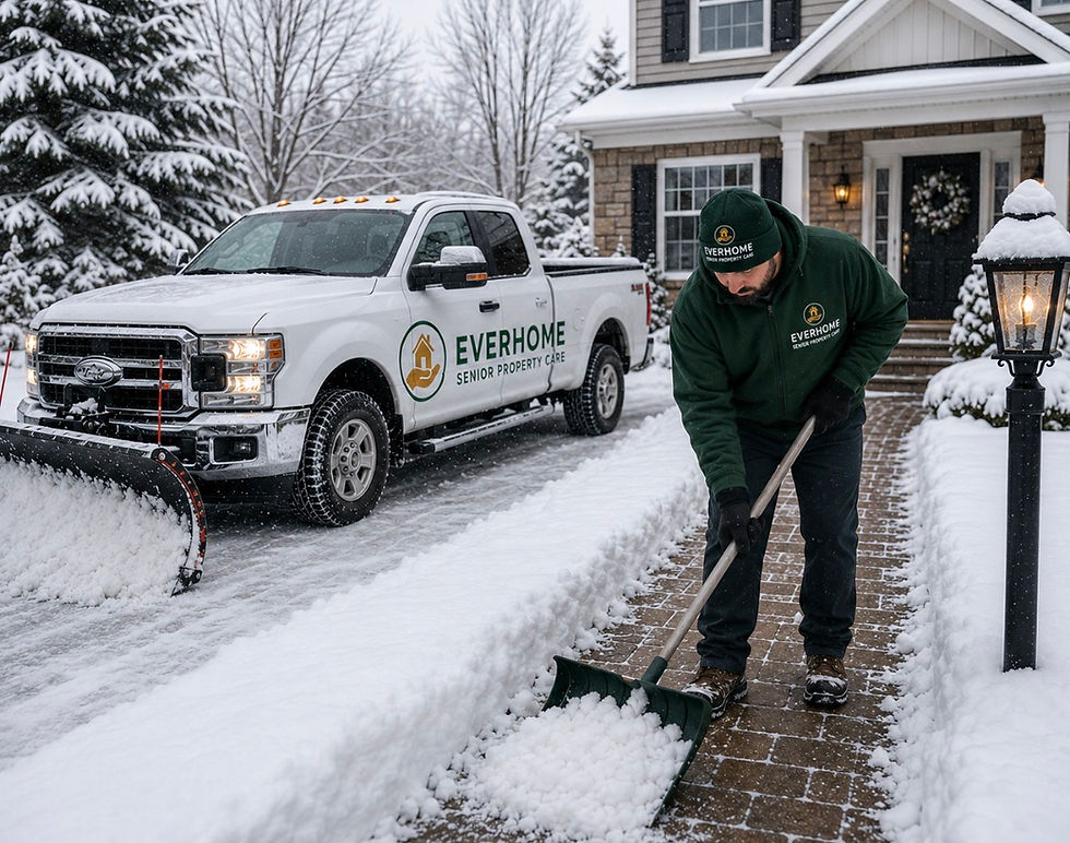 Snow removal worker shoveling driveway in front of branded Everhome Senior Property Care truck and house, winter scene, landscape