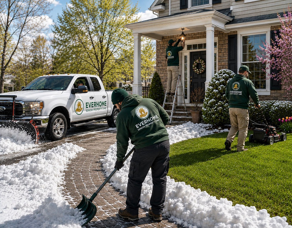 Everhome Senior Property Care crew working outside a house with branded truck and snow removal, landscape