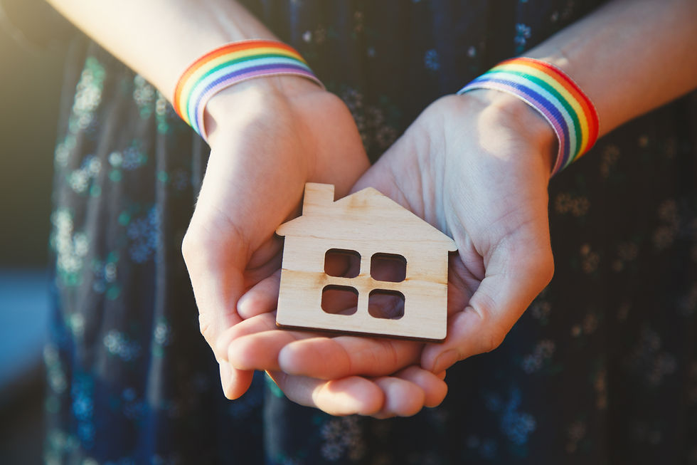 young female hands with LGBT rainbow ribbon wristbands holding craft wooden house.jpg