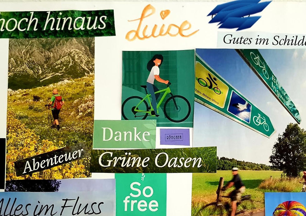 Ausschnitt aus einem Vision Board von Luise mit grünem Fahrrad Danke Grüne Oasen