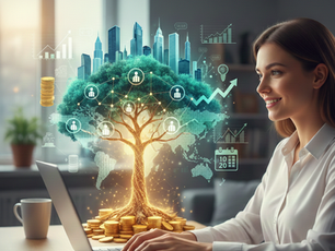 Junge Frau am Computer mit Grafik Geldbaum und finanzielles Wachstum