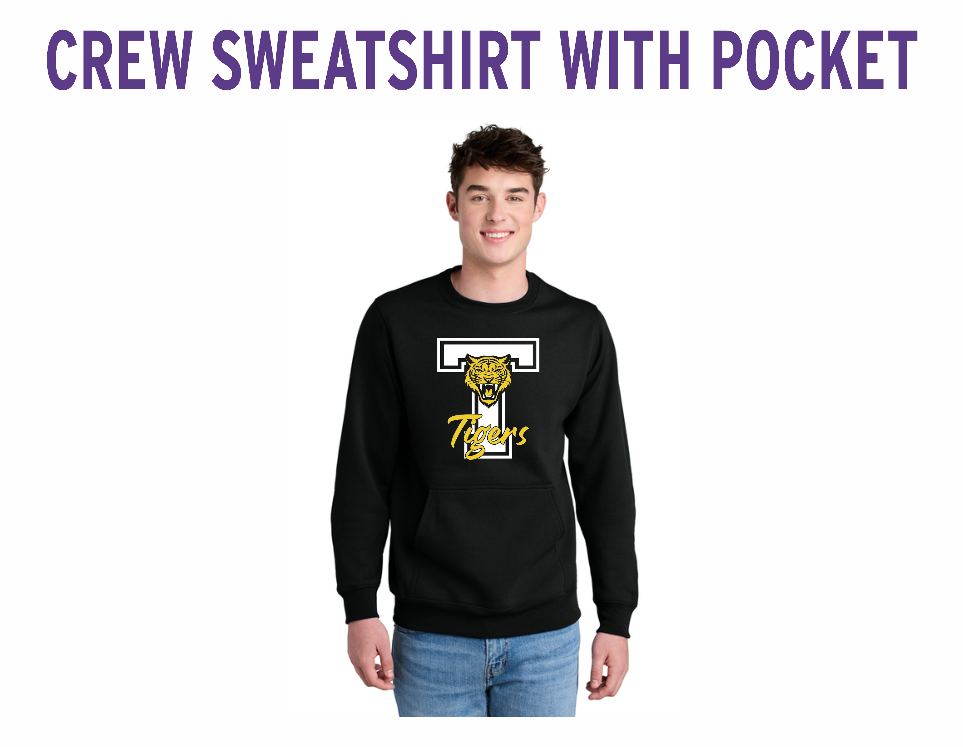 Thibodaux Tigers - Black Crew Sweatshirt with Pockets
