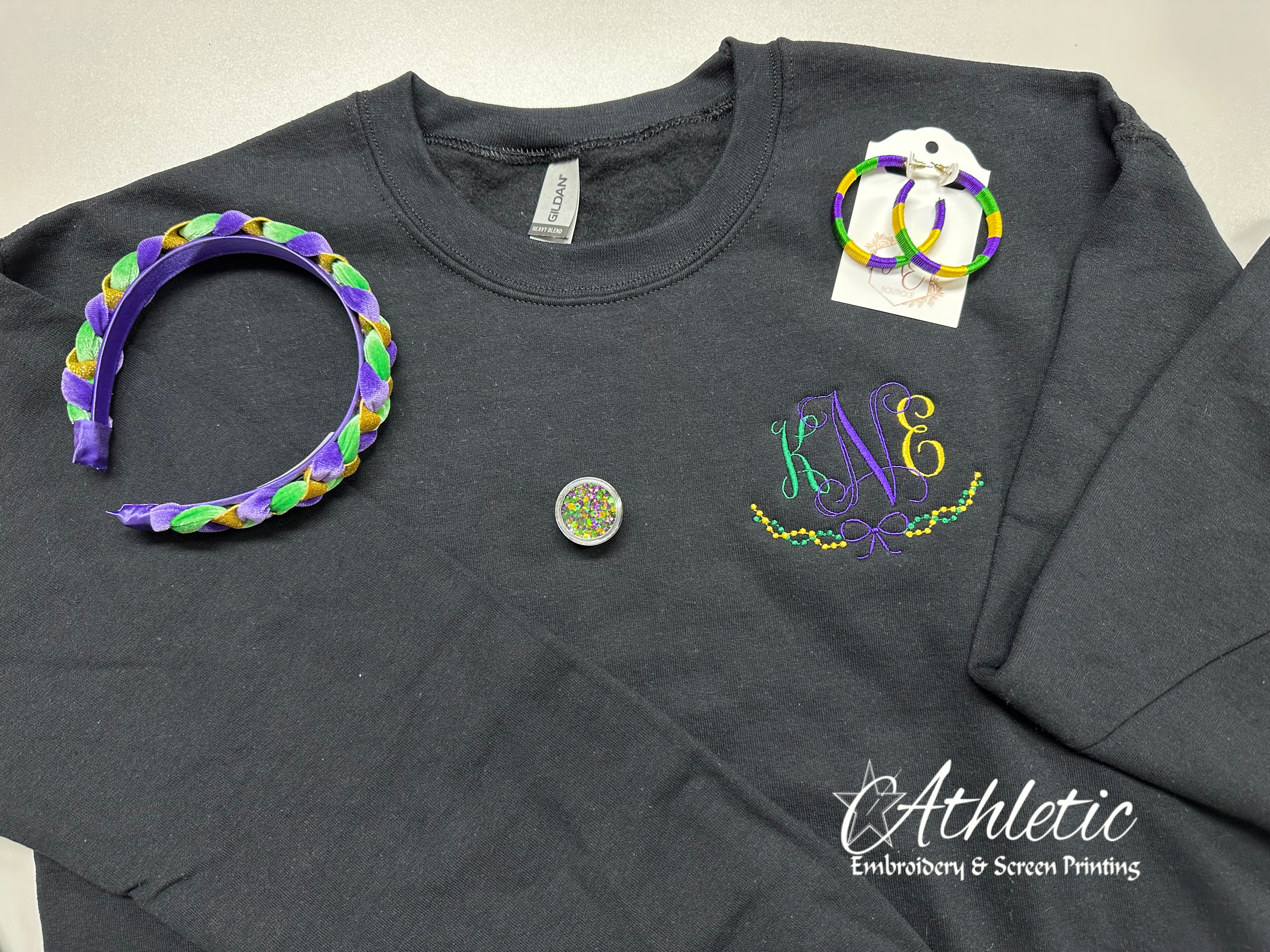 Mardi Gras Beaded Bow Monogram Bella Canvas Sweatshirt