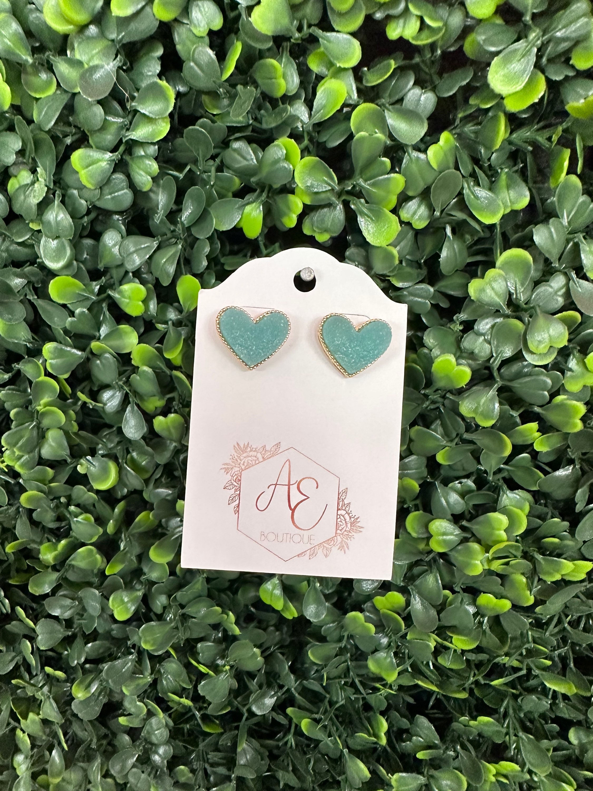 Aqua Druzy Heart Studs
