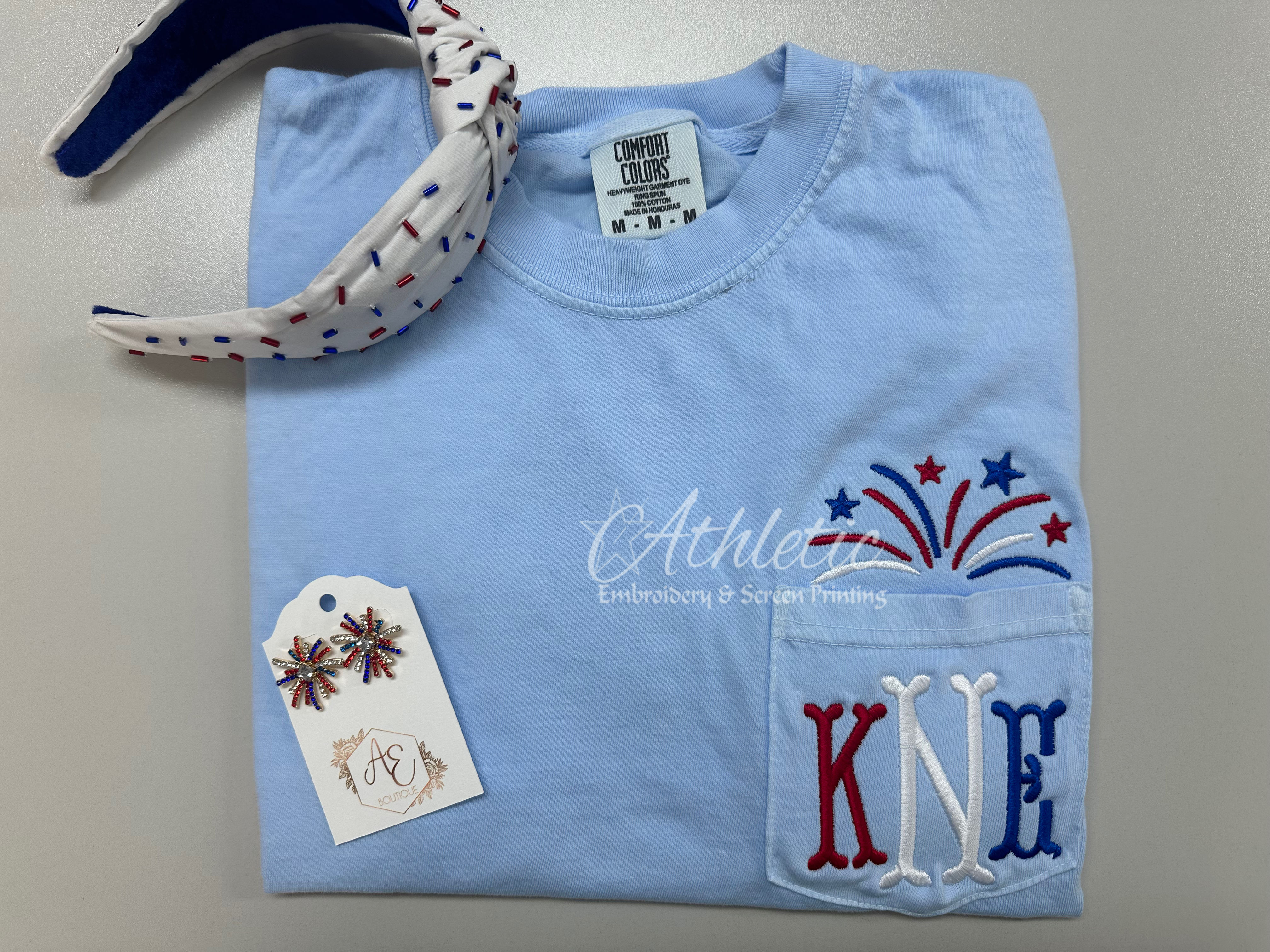 Fireworks Monogram -Embroidered Comfort Color Pocket Tee