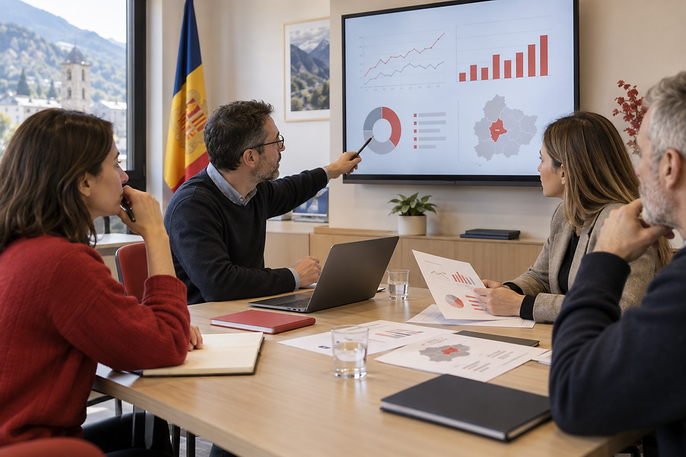 Equip comunitari revisa dades anonimitzades sobre prevenció i convivència en una reunió de treball a Andorra.