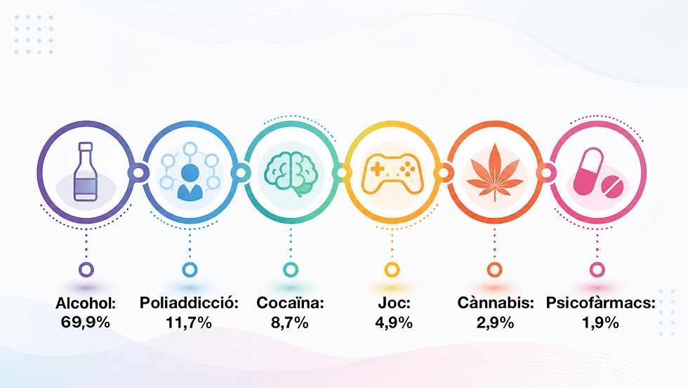 Infografia sobre alcohol, poliaddicció, cocaïna, joc, cànnabis i psicofàrmacs entre les demandes d’acompanyament.