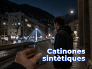 Mà sostenint un petit embolcall en primer pla en un entorn urbà nocturn d’Andorra, amb una persona desenfocada al fons, en una portada sobre catinones sintètiques.