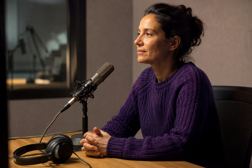 Dona participant en una entrevista de ràdio sobre recuperació, addiccions i estigma.