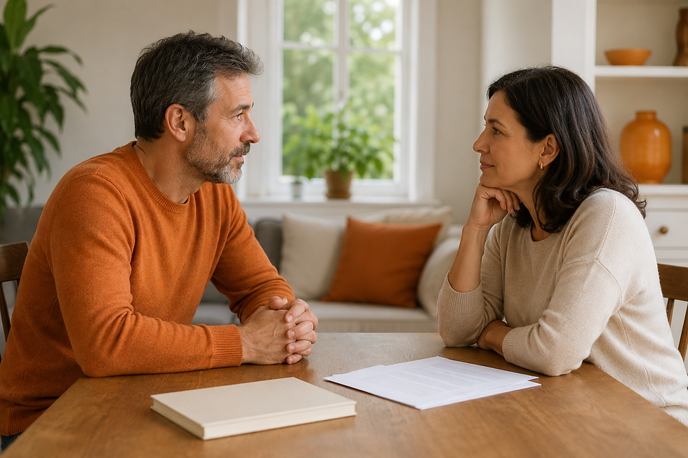 Dues persones adultes mantenen una conversa serena amb una llibreta sobre la taula, simbolitzant límits clars i acompanyament sense judici.