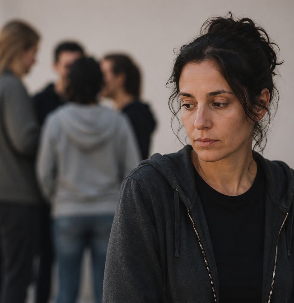 Dona apartada d’un grup com a representació de l’estigma de les addiccions