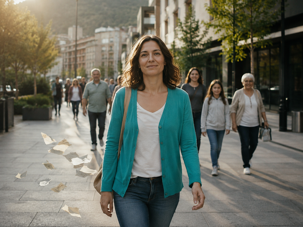 Persona caminant per un carrer d’Andorra mentre deixa enrere etiquetes trencades, símbol de superar l’estigma de les addiccions.