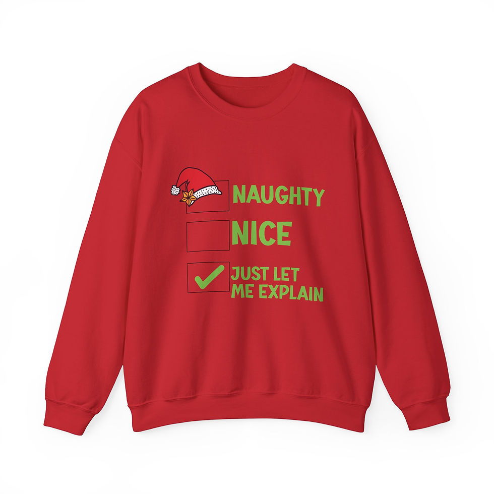 crewneck sweatshirt with a festive design featuring a humorous checklist. Options include 'Naughty,' 'Nice,' and 'Just Let Me