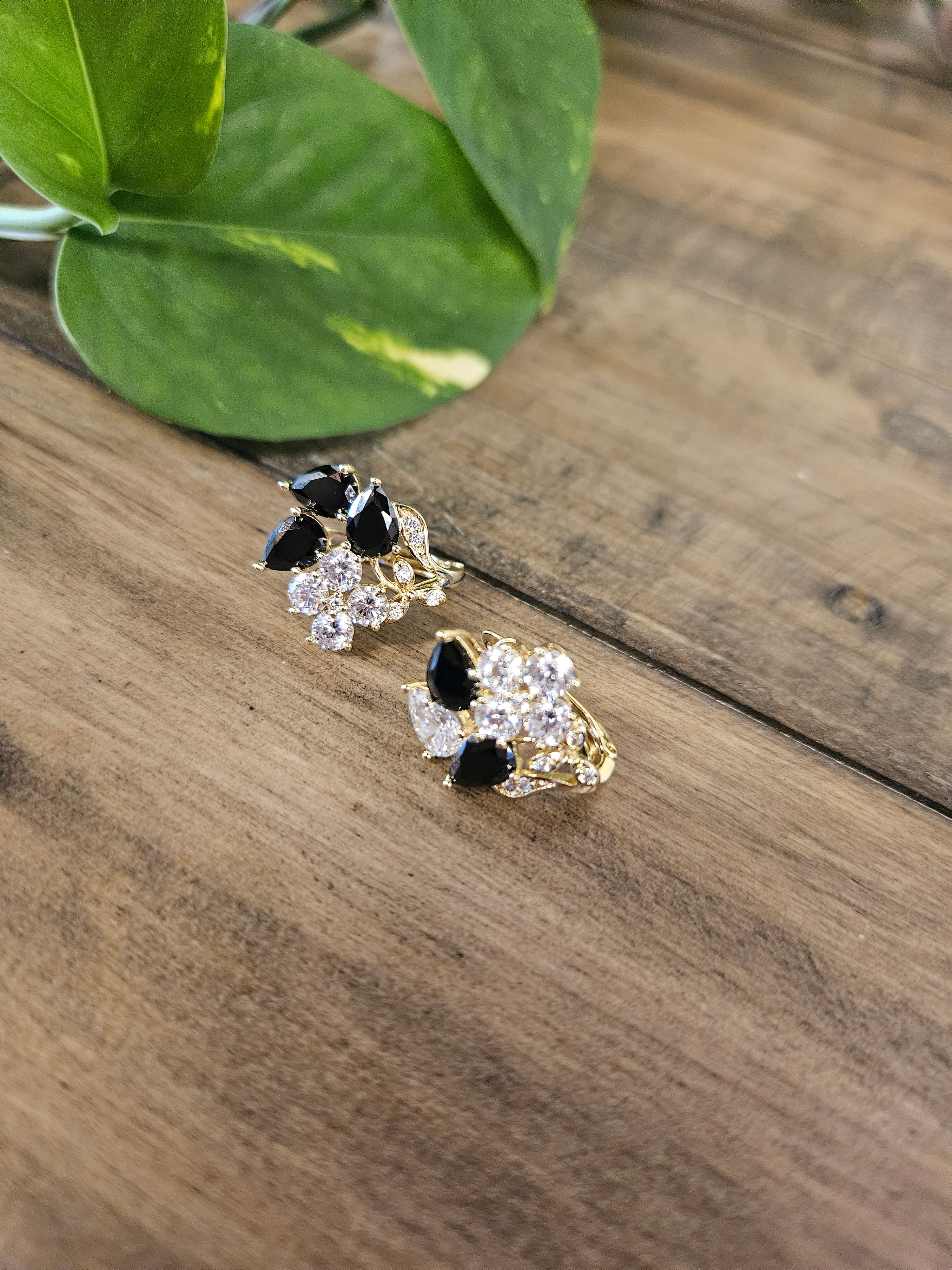 Black and Clear CZ Flower Huggies