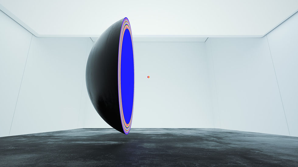 Large black half-sphere with vibrant blue interior floats in a minimalist white room. A small red dot hovers nearby, creating a surreal mood. MINDED podcast featuring Maxim Zhestkov