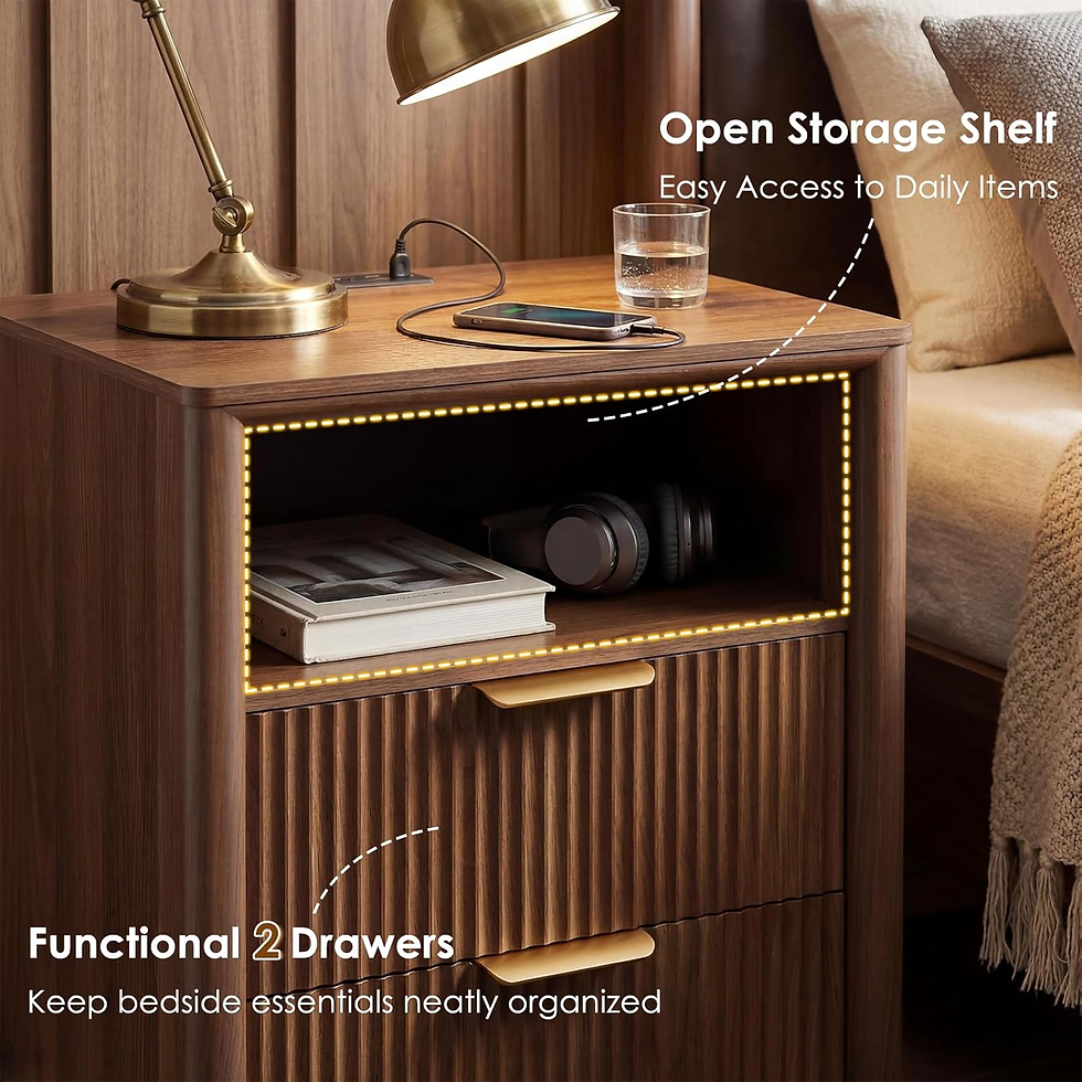 Thumbnail: 19.7" Fluted Nightstand with Charging Station, 2 Drawer Bedside Table, Modern Ni