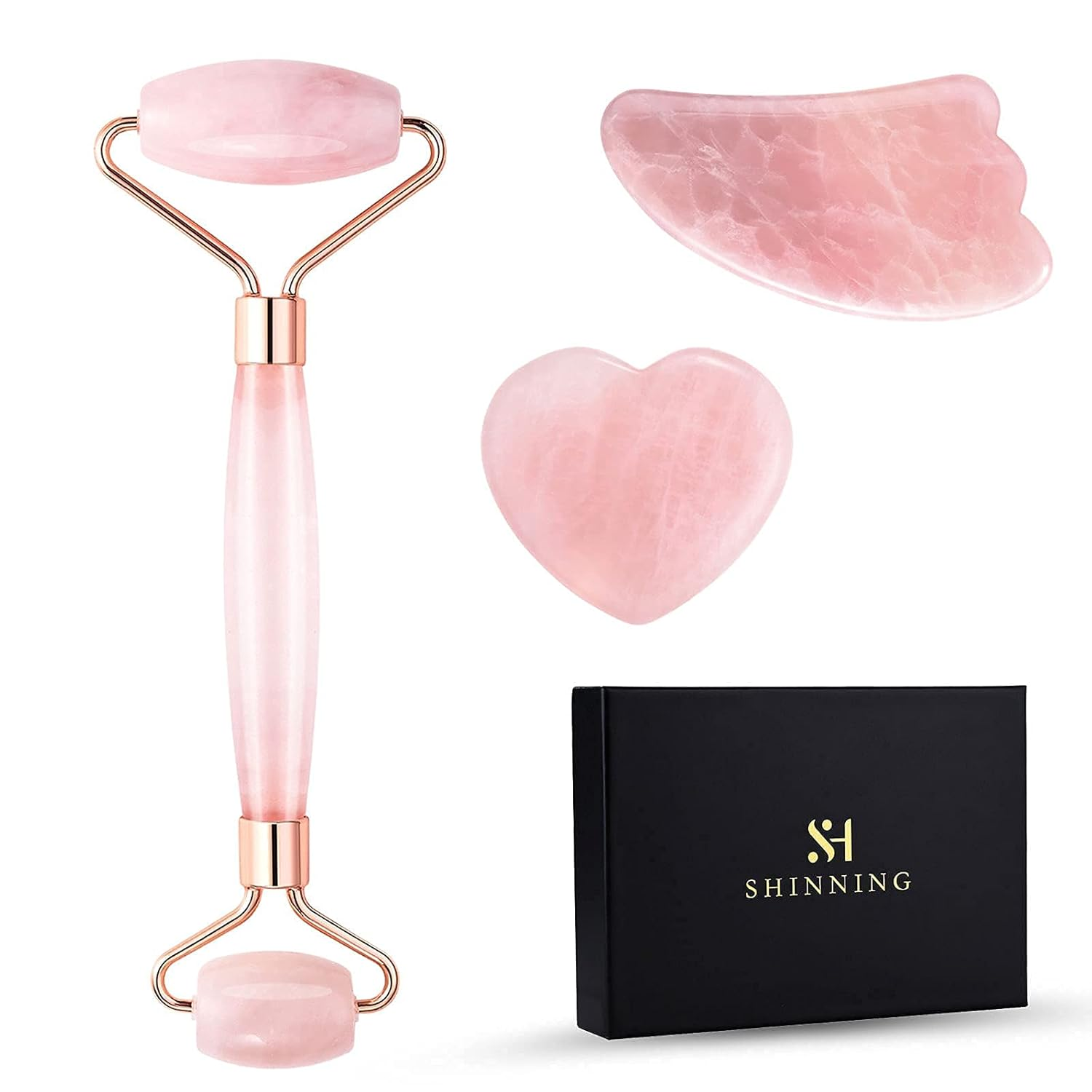 Jade Roller and Gua Sha Set - anti Aging Rose Quartz Face Roller Massager & Guas