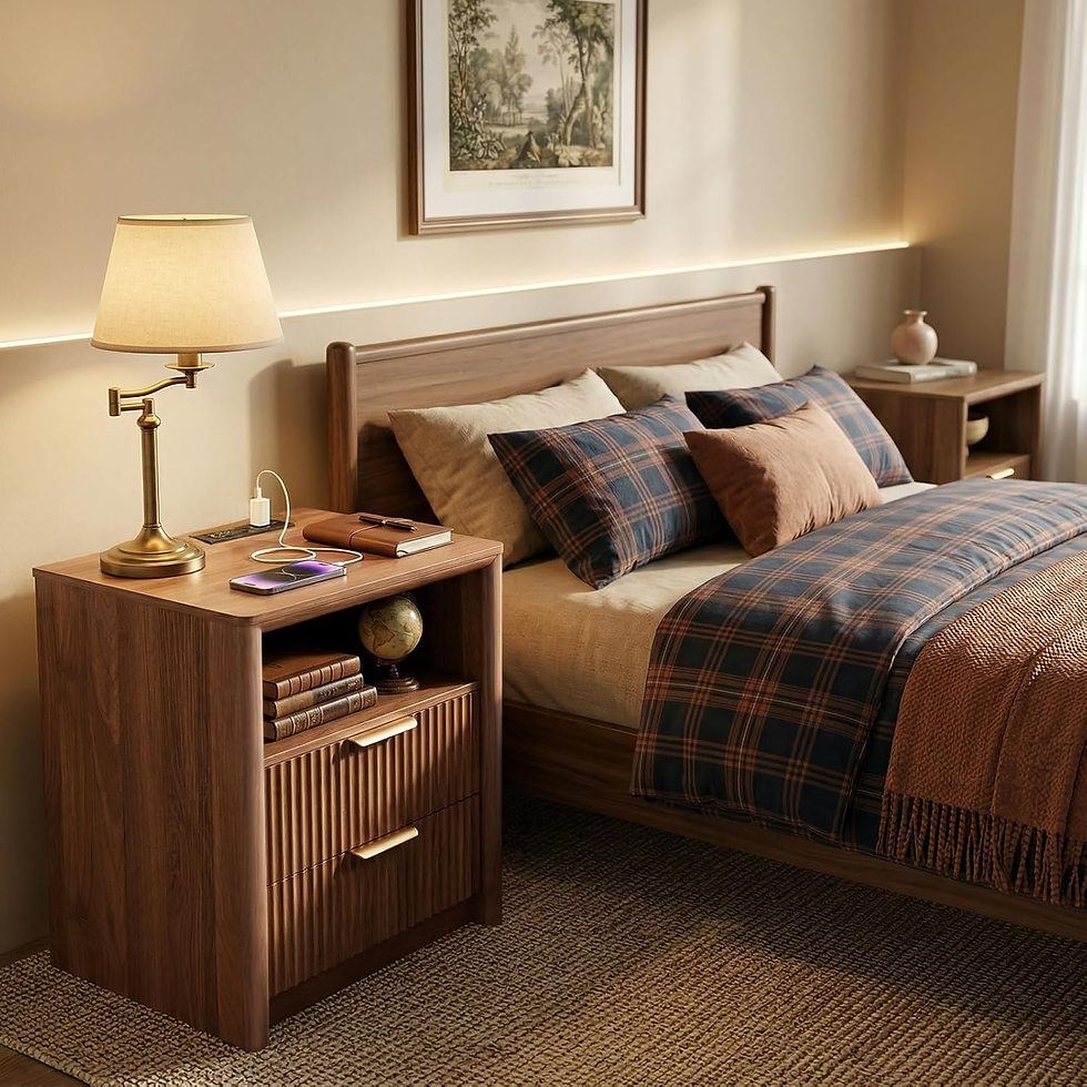 Thumbnail: 19.7" Fluted Nightstand with Charging Station, 2 Drawer Bedside Table, Modern Ni