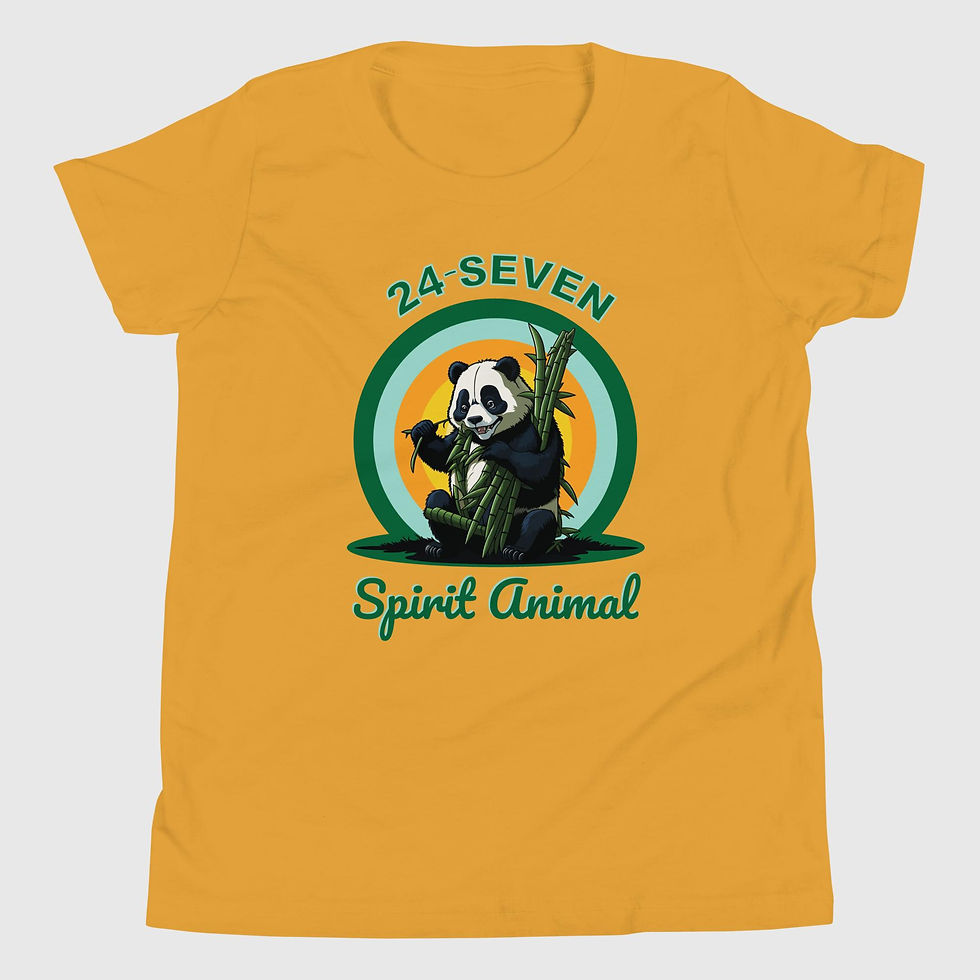 Thumbnail: Youth gold t-shirt, featuring panda bear in the sunset