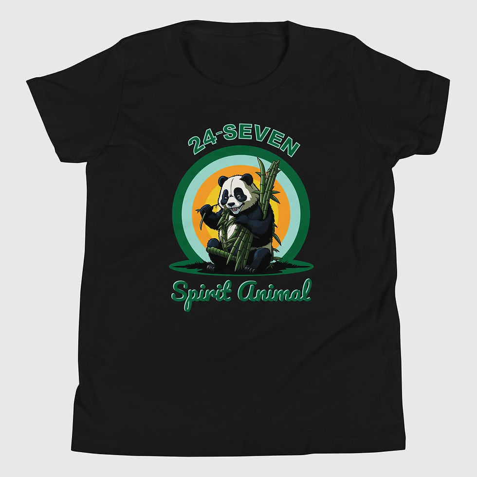 Thumbnail: Youth black t-shirt, featuring panda bear in the sunset