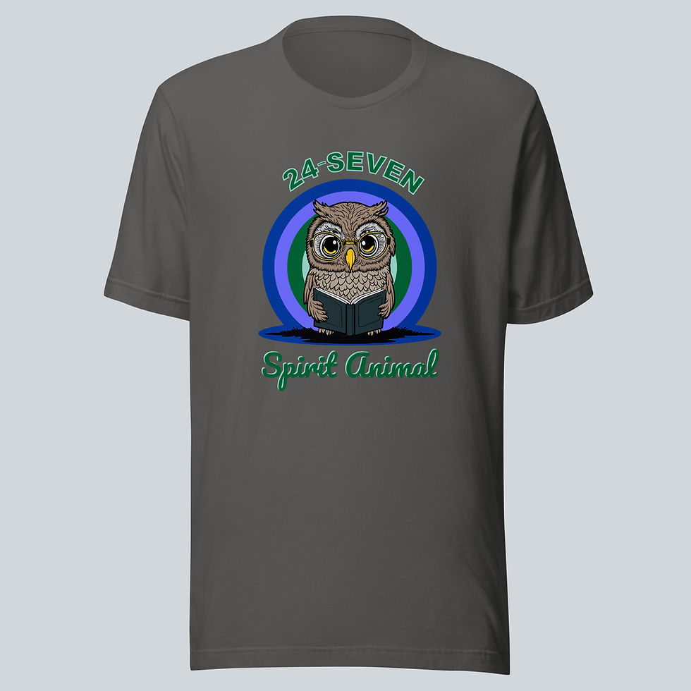 Front view Men’s and women's asphalt dark grey night owl unisex t-shirt