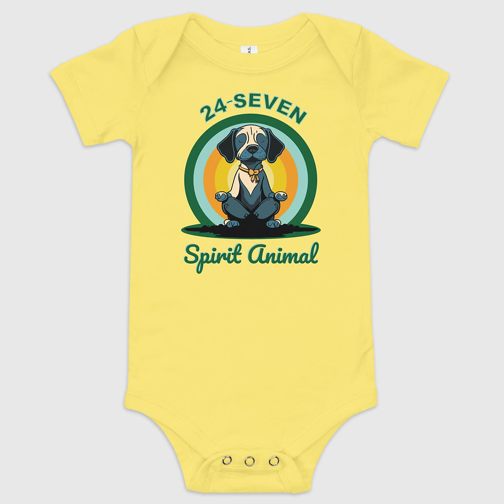 Thumbnail: Baby yellow short sleeve one piece, featuring meditating dog on sunset
