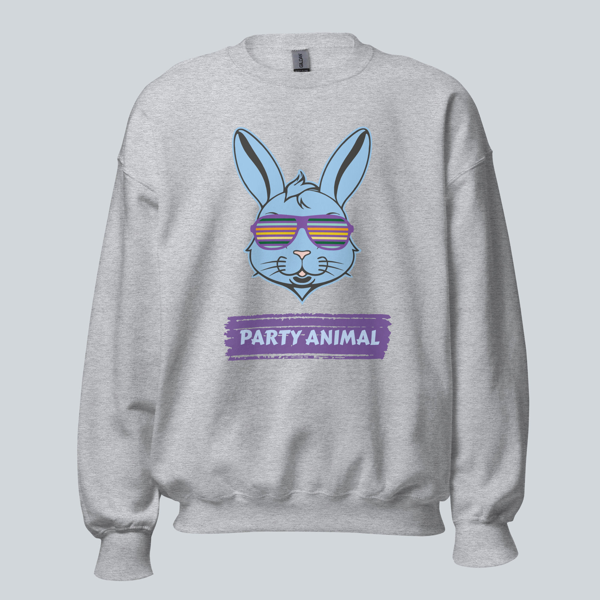 Front view men’s and women's sport grey Bunny Rabbit Party Animal adult unisex jumper sweatshirt