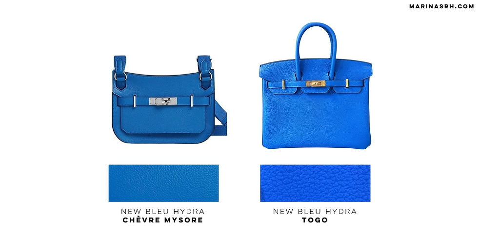 Comparison of the New Bleu Hydra shade on two types of Hermès leather: Chèvre Mysore and Togo. On the left, a Hermès bag in Chèvre Mysore leather, a fine, slightly shiny leather with a tight, even grain, offering a smooth and elegant texture. On the right, a Birkin bag in Togo leather, a softer leather with a more pronounced, textured grain, giving a more matte and natural appearance. Below, leather samples illustrate the differences in finishing between these two versions of New Bleu Hydra, a bright and vibrant shade.