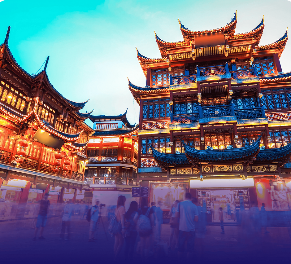 Ornate Chinese buildings and bustling street for day tours