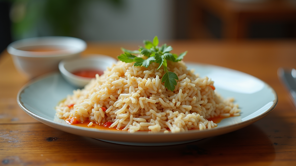 Close-up view of a plate of Hainanese Chicken Rice