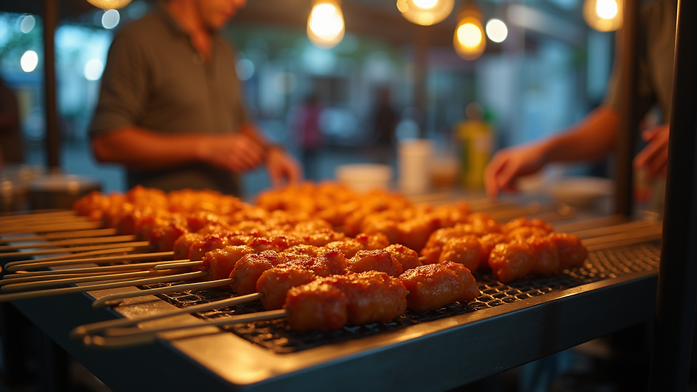 Eye-level view of a satay stall with skewers on display