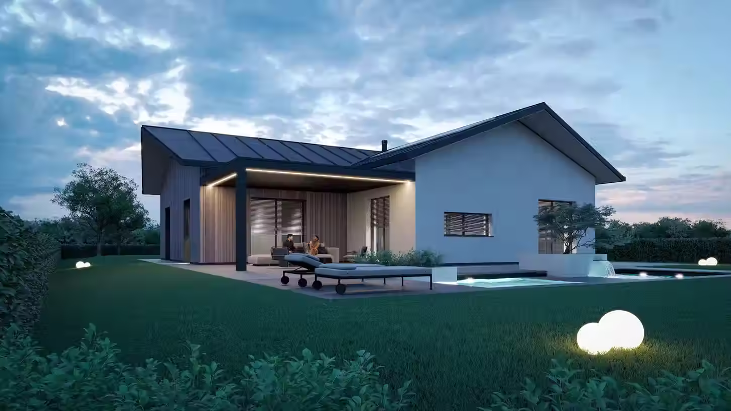 Render esterno fotorealistico di villa di lusso moderna con piscina al tramonto