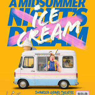 Poster for the show: Joseph Cullen (Bottom) leans out the window of a pastel coloured ice cream van, licking an ice cream. He wears a colourful pair of donkey's ears on his head. Above him, the words 'A Midsummer Night's Dream' are written in blue, and 'Night's Dream' are crossed out and 'ICE CREAM' is written on top of them in white.