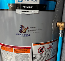 P & P HVAC sticker on a water heater, showcasing our professional water heater services