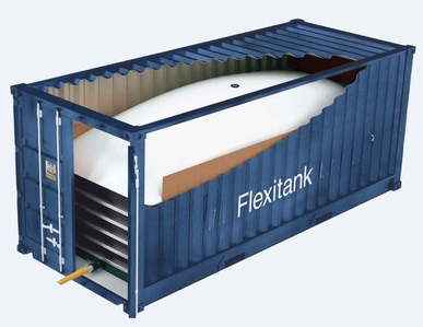 generic image of a 22,000L-24,000L food grade bulk olive oil flexitank (similar to the ones we use)