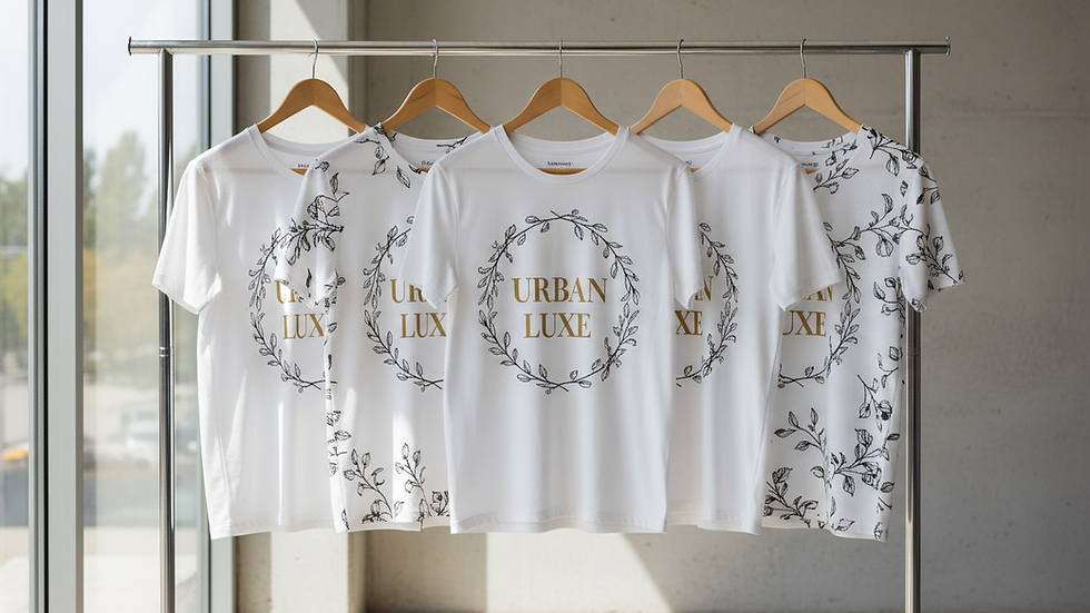 Eye-level view of custom printed t-shirts hanging on a rack