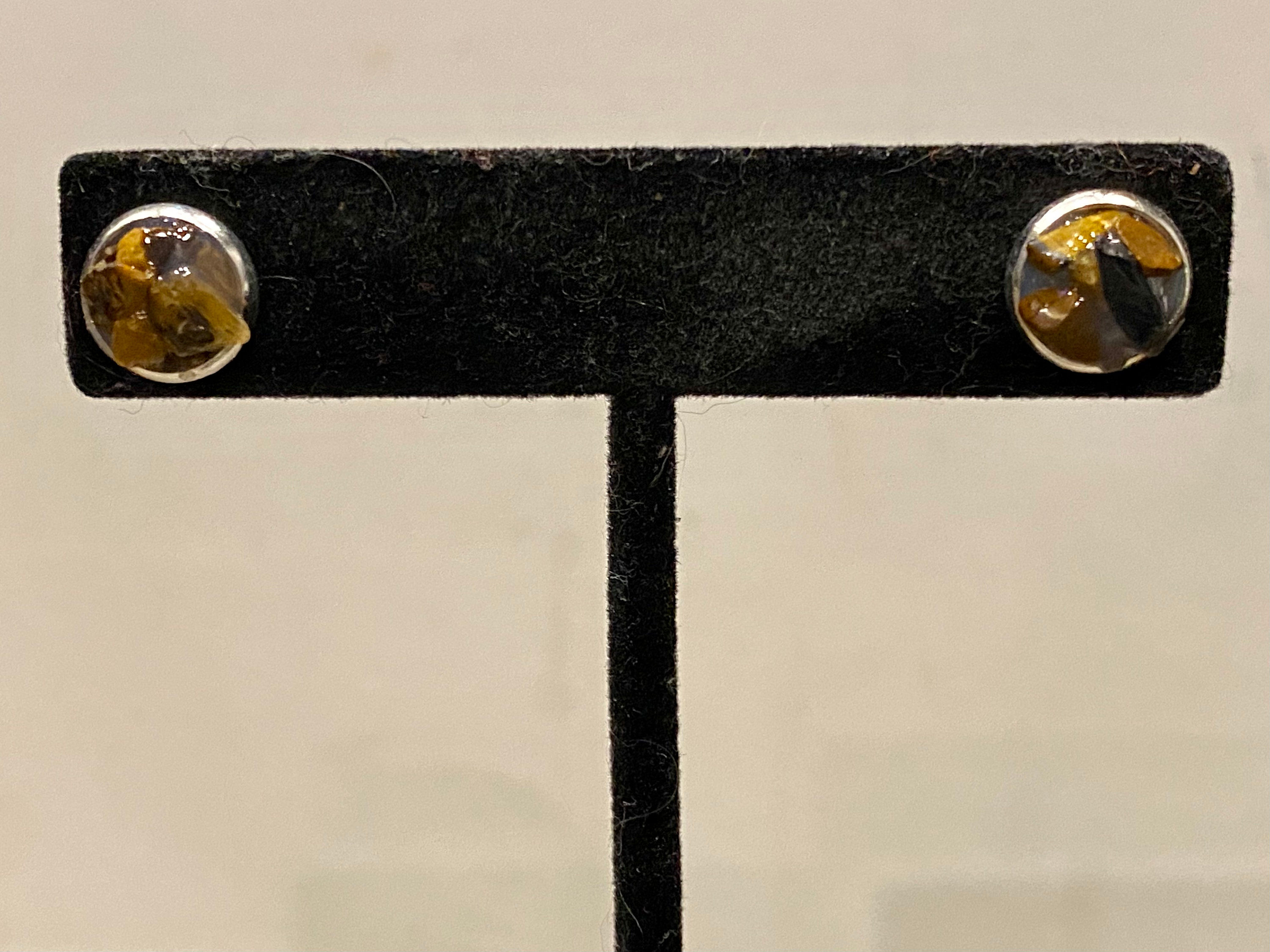 Tiger's Eye, Silver, Circle, Post, Earrings