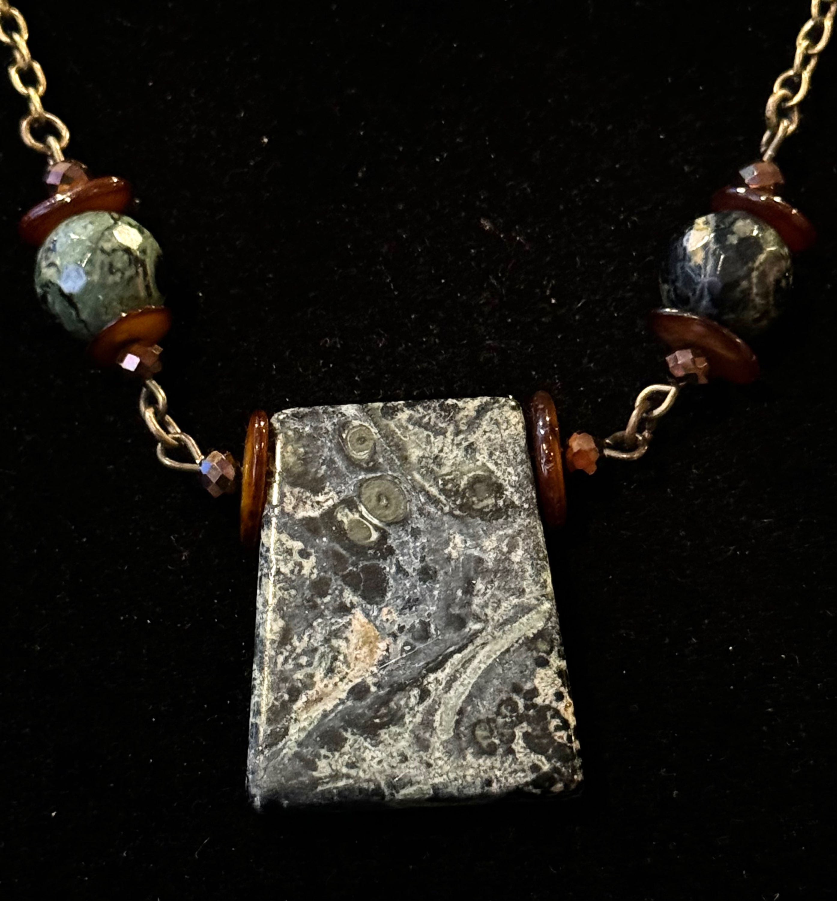 Kambaba Jasper, Antique Bronze, Coconut Shell, Gemstone, Pendant, 22 Inch Necklace, 28 Inch Necklace, 