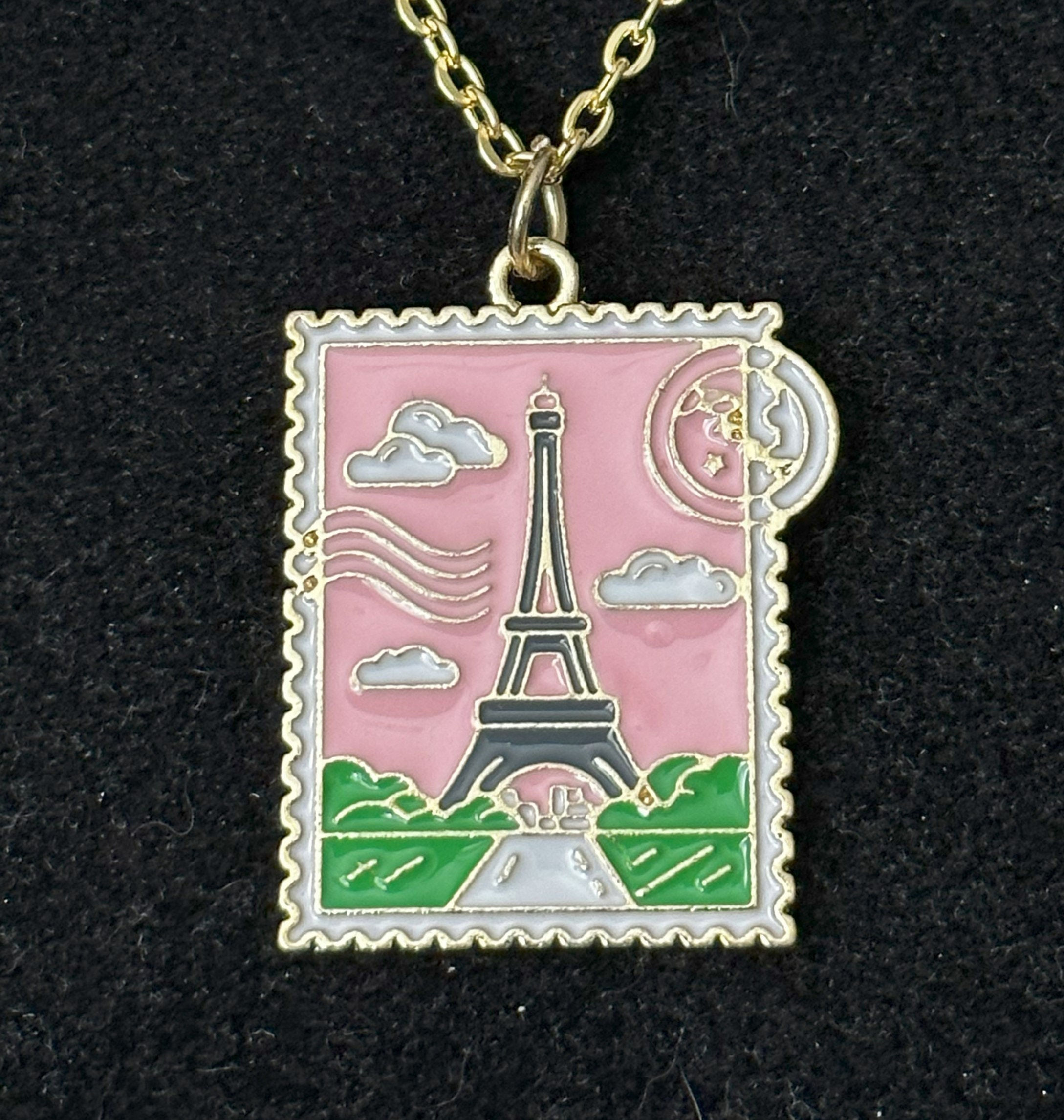 Eiffel Tower, Stamp, Gold, Pendant, Necklace - SerenityGraceJewelry