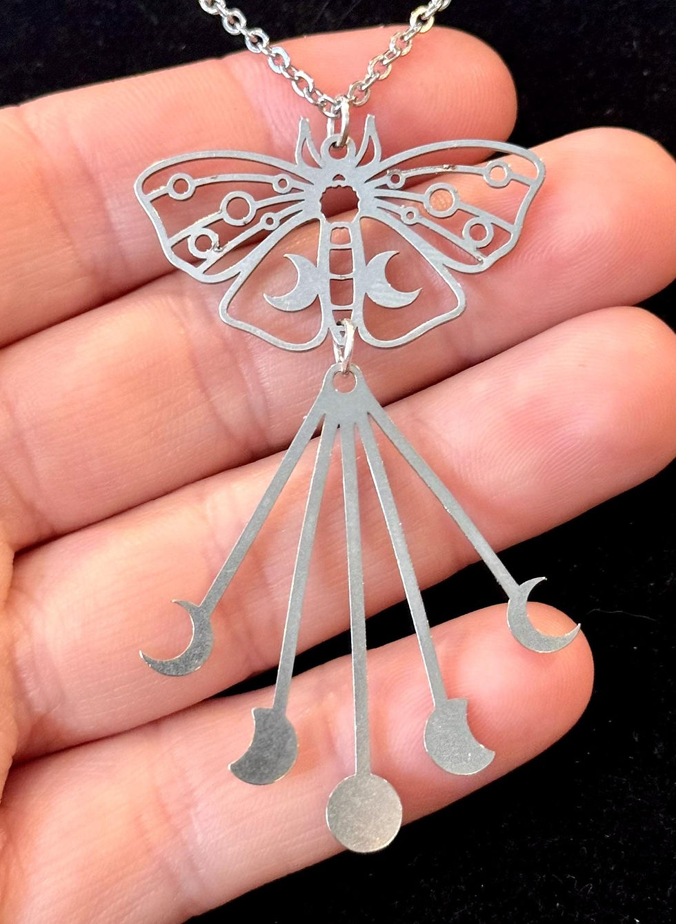Thumbnail: Moth, Phases of The Moon, Stainless Steel, Pendant, Necklace