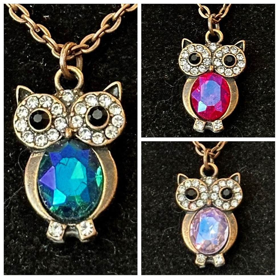 Antique Bronze, Owl, Rhinestone, Pink, Blue, Purple, Pendant, Necklace - SerenityGraceJewelry