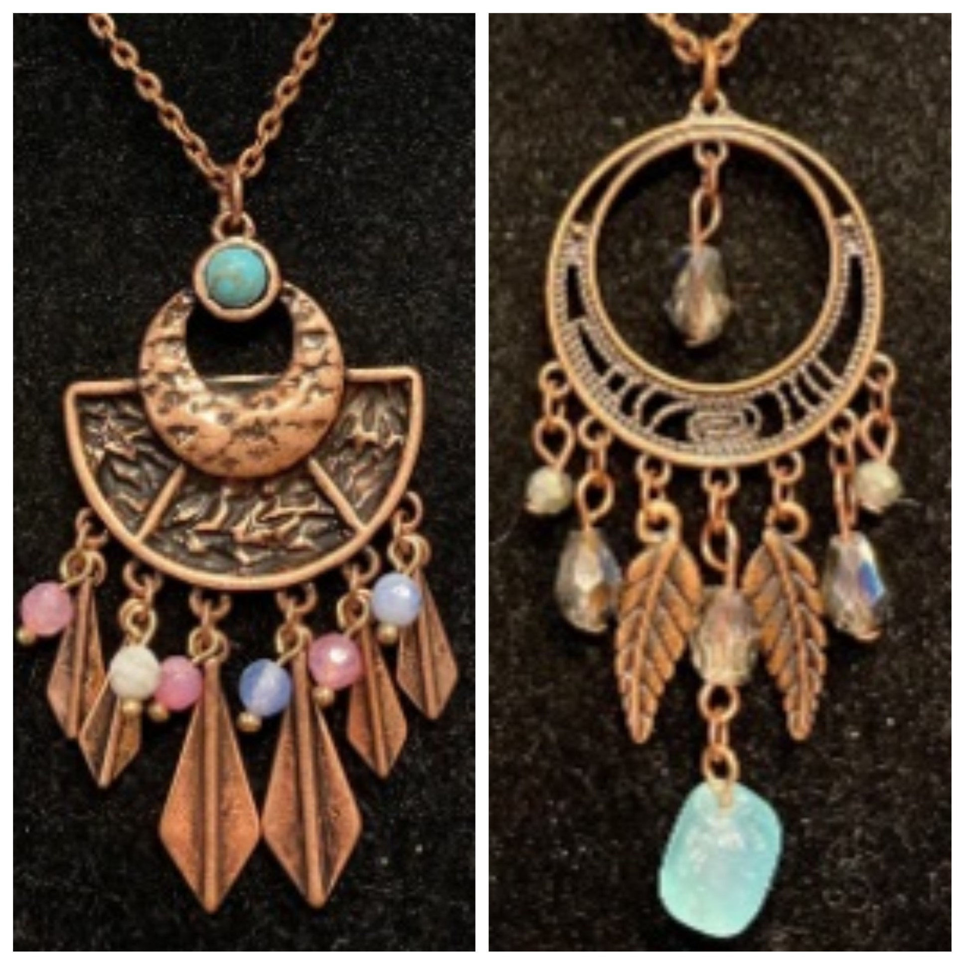 Copper, Dream Catcher, Feather, Blue Stone, Pendant, Necklace - SerenityGraceJewelry