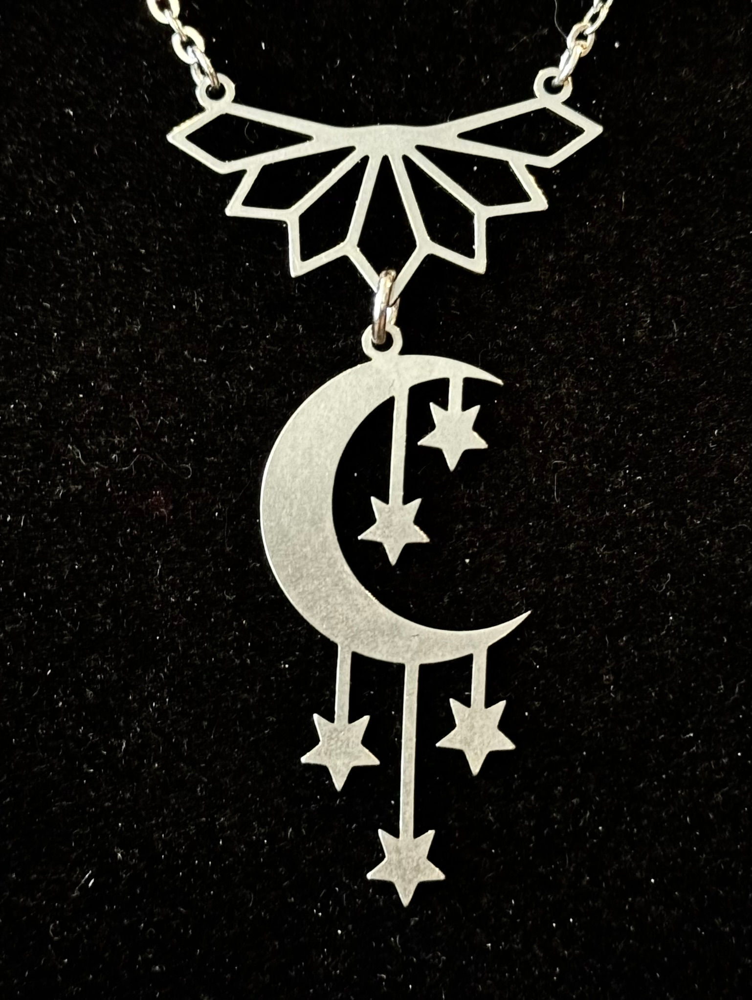 Lotus, Flower, Crescent, Moon, Stars, Stainless Steel, Pendant, 18 Inch Necklace, 20 Inch Necklace, 24 Inch Necklace