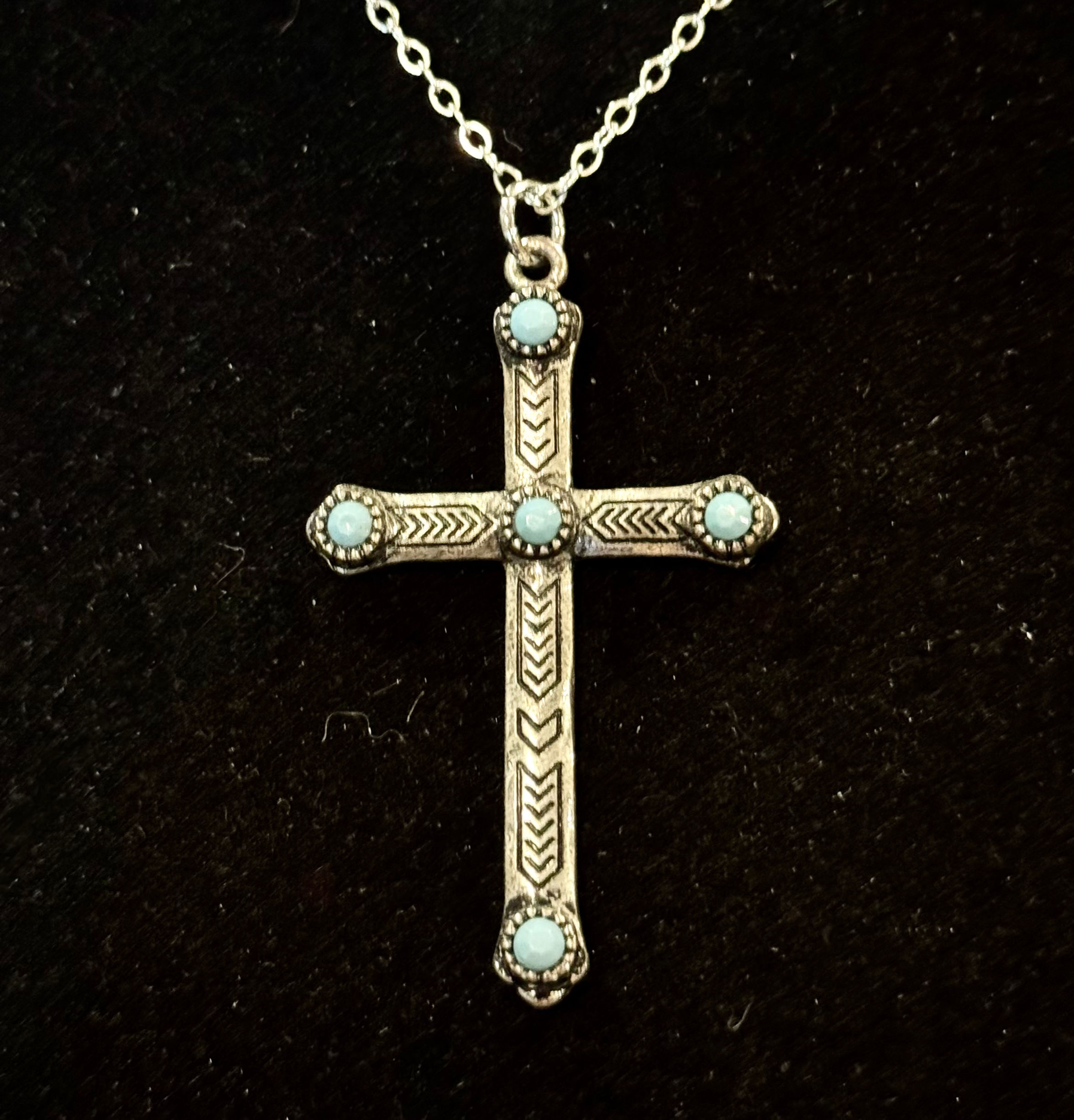 Silver, Cross, Blue Beaded, Pendant, Necklace