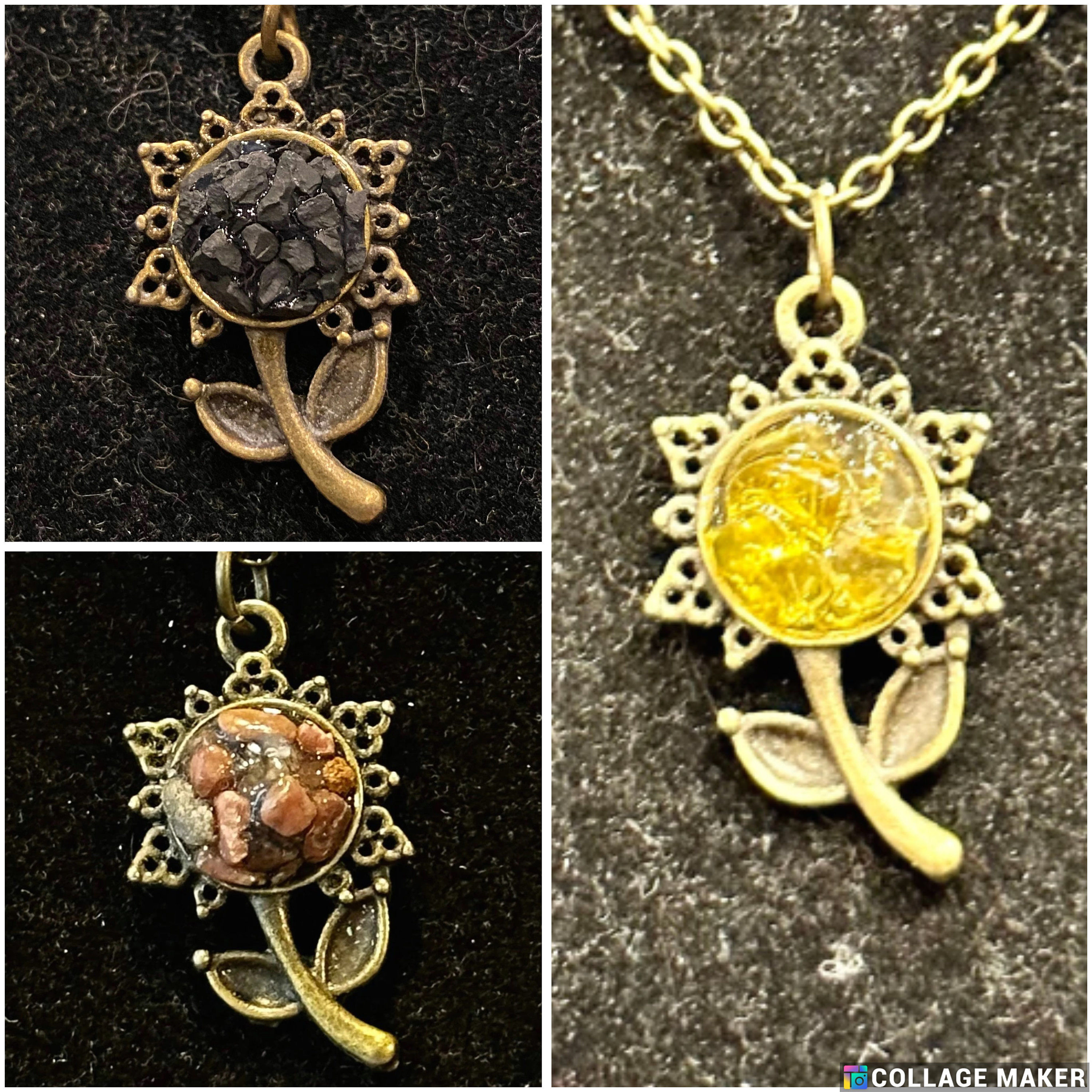 Rhodonite, Shungite, Citrine, Sunflower, Pendant, Gemstone, Resin, 18 Inch Necklace, 24 Inch Necklace