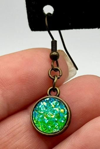 Thumbnail: Antique Bronze, Silver, Round, Green, Sparkle, Earrings