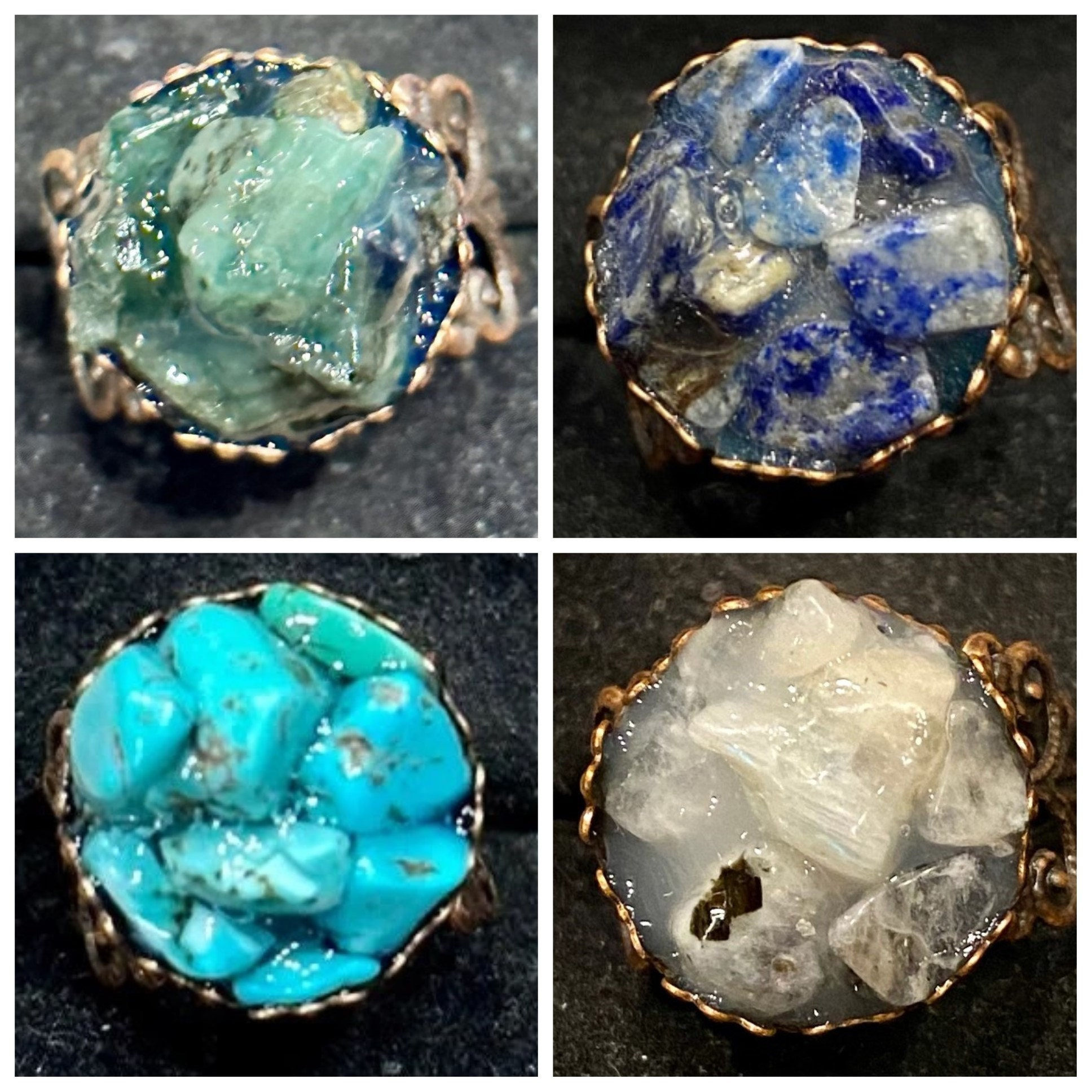Copper, Emerald, Moonstone, Turquoises, Lapis Lazuli, Adjustable, Filigree, Ring