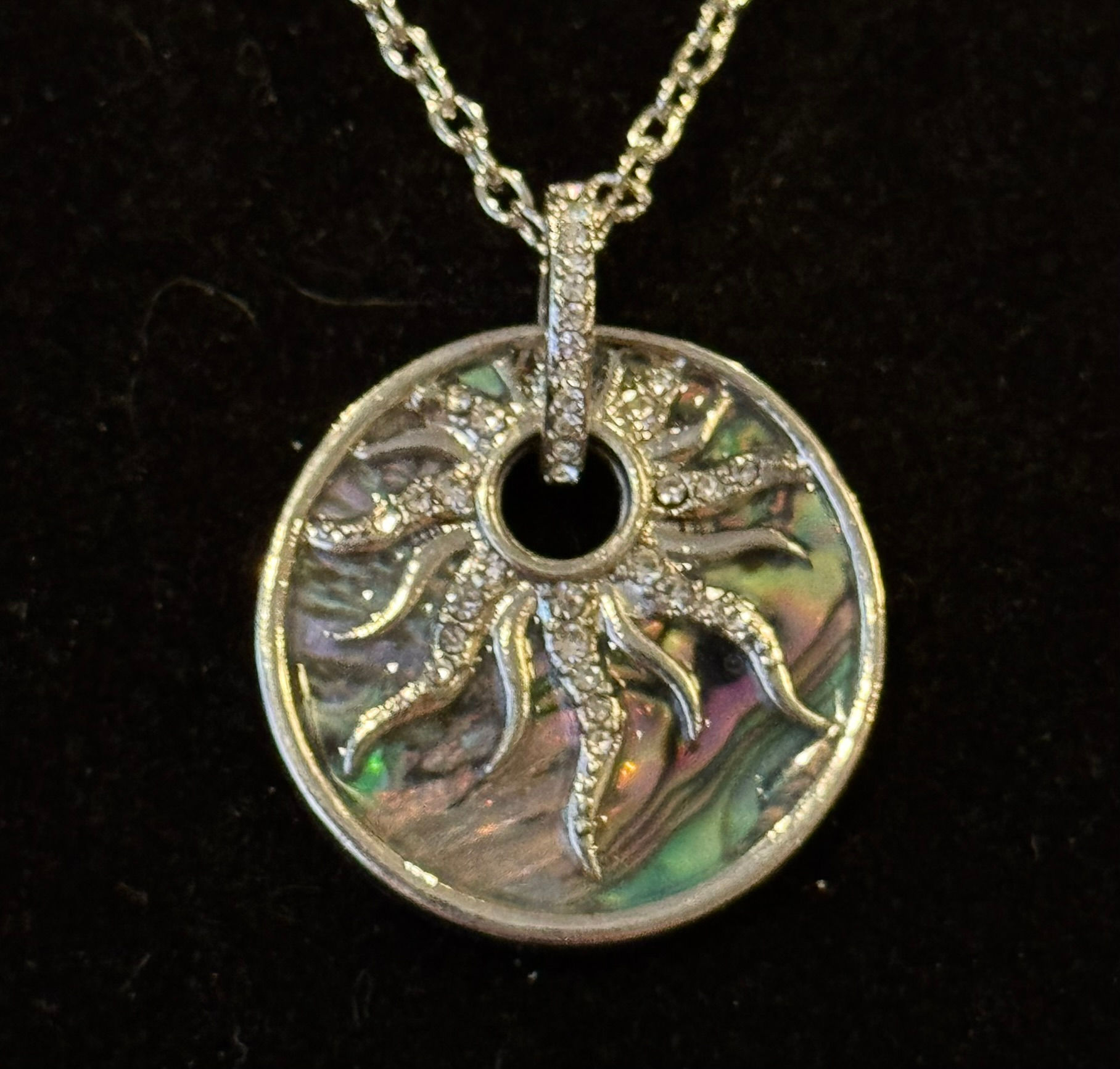 Silver, Rhinestone, Sun, Abalone Shell, Pendant, Necklace