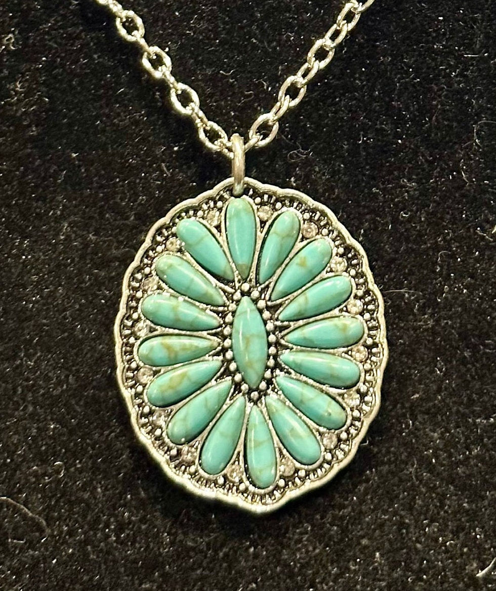 Squash Blossom, Rhinestone, Turquoise, Silver, Pendant, Necklace - SerenityGraceJewelry